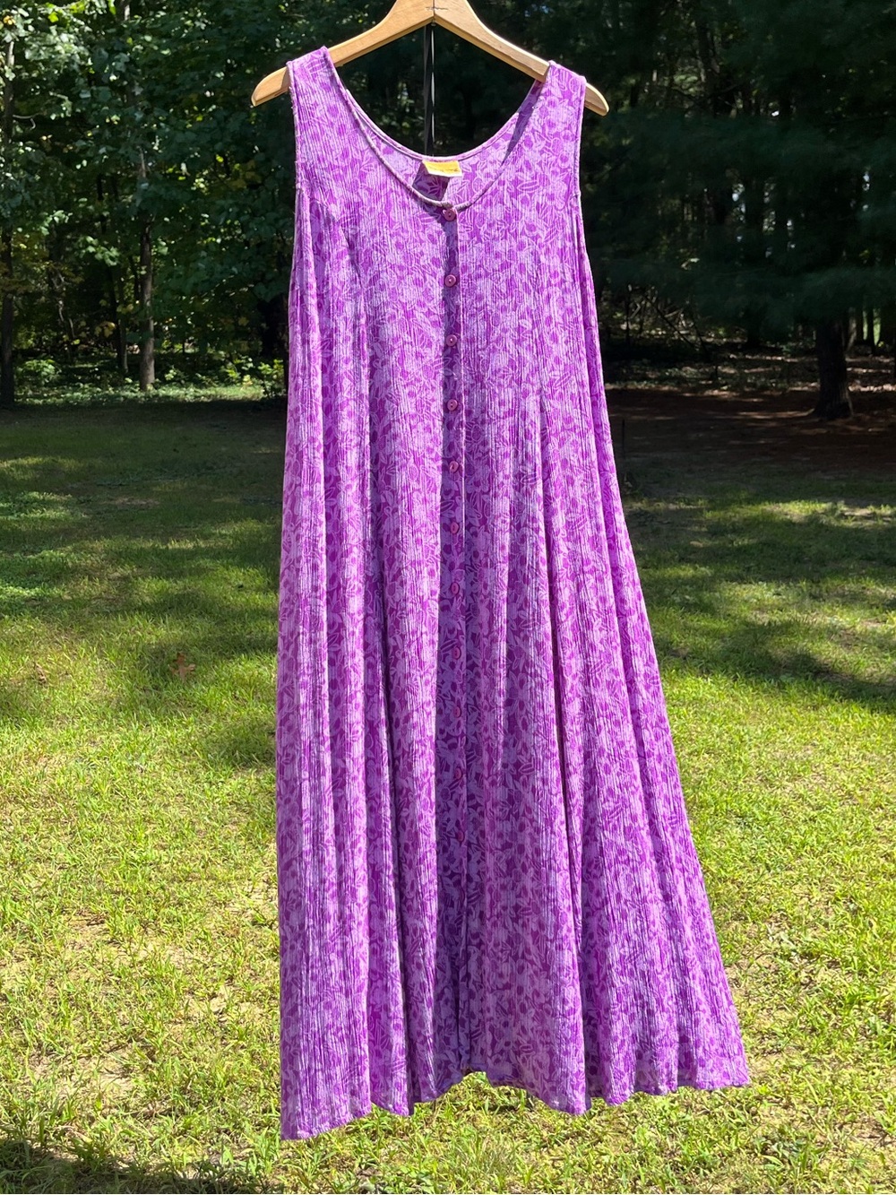 90s Down Under Tropical Orchid Purple Crinkle Rayon Maxi Dress Colorful Beach